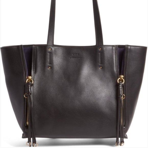 CHLOE Black Leather Milo Tote with Fringe - Picture 1 of 2